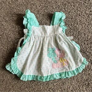 Vintage Girls Teal Polka Dot Top Apron Style Tunic Flamingo Tropical Vacation 4T
